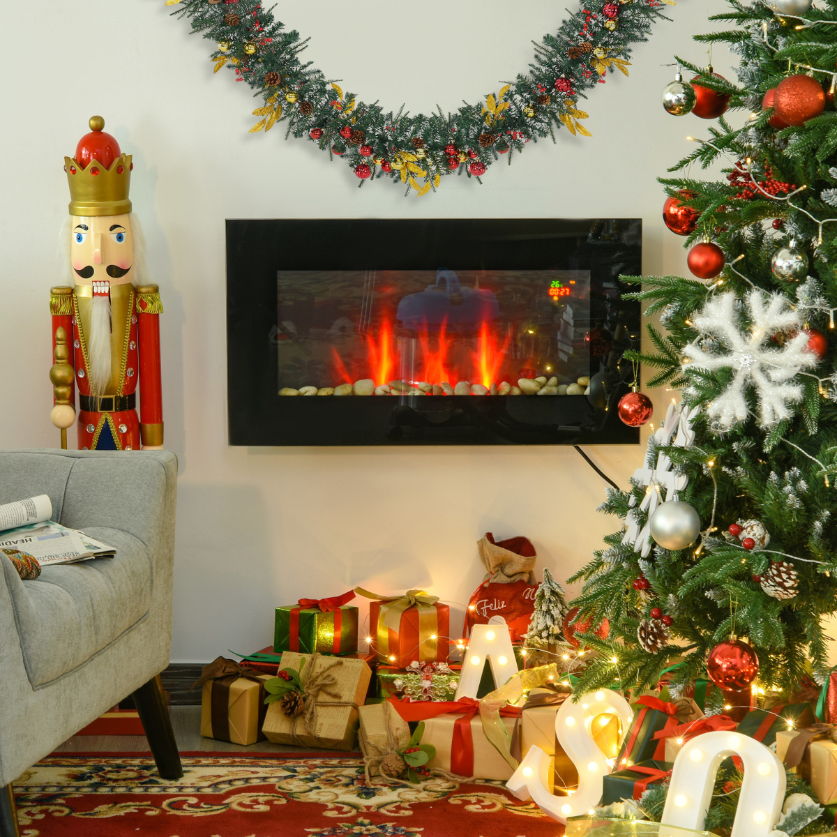 1000W Wall Mounted Tempered Glass Electric Fireplace Heater Black