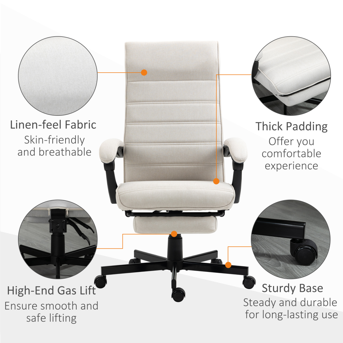 Home Office Chair High-Back Reclining Chair for Bedroom Study Living Room White
