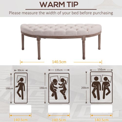 HOMCOM Half-Circle End Bench Ottoman Footstool Button Tufting Padded Seat Cream