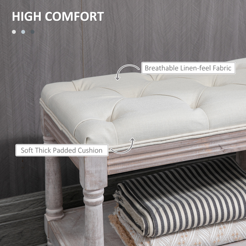 HOMCOM 2-Tier Bed End Bench, Vintage Stool Button Tufted Seat Cream White